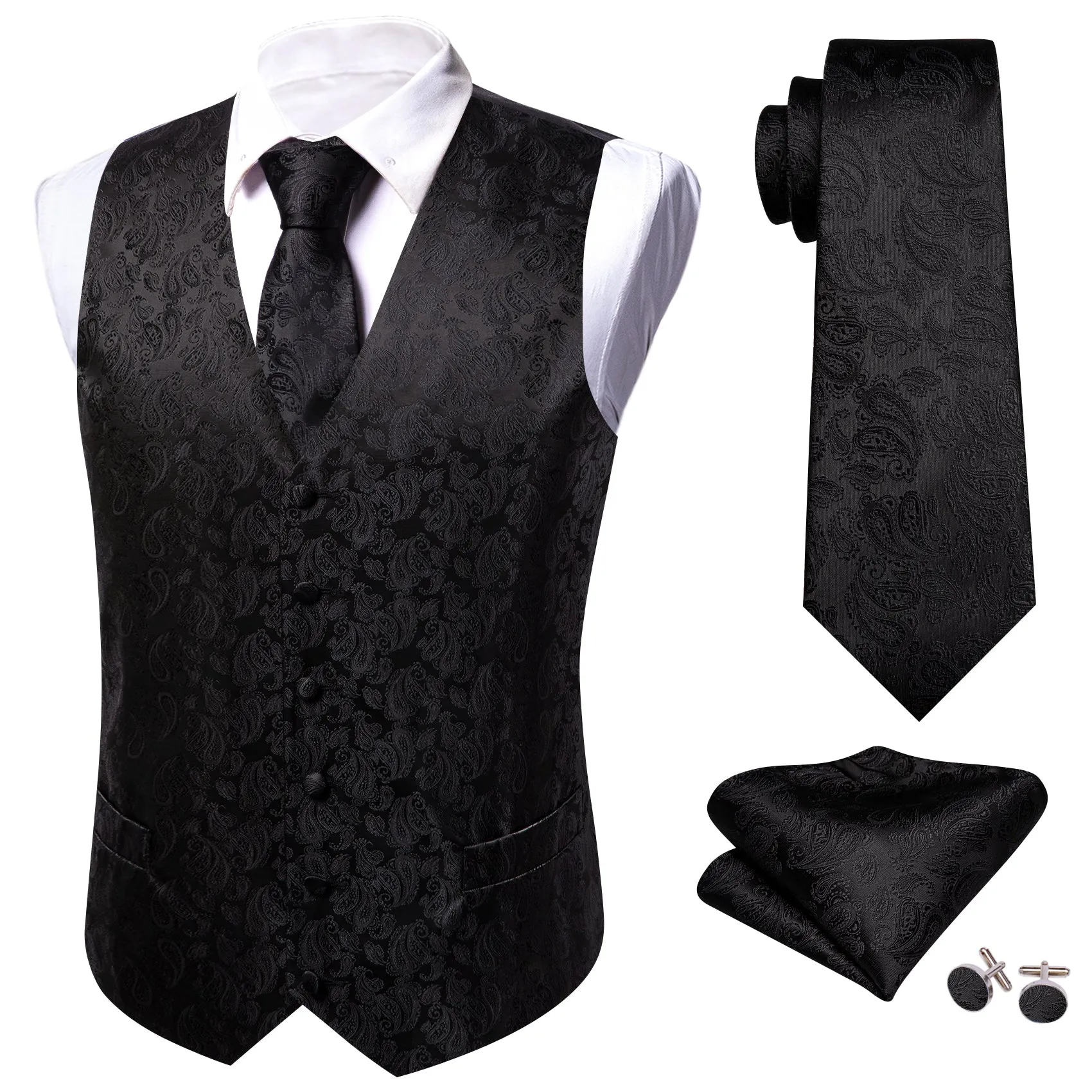 Black Paisley Silk Men's Vest Hanky Cufflinks Tie Set