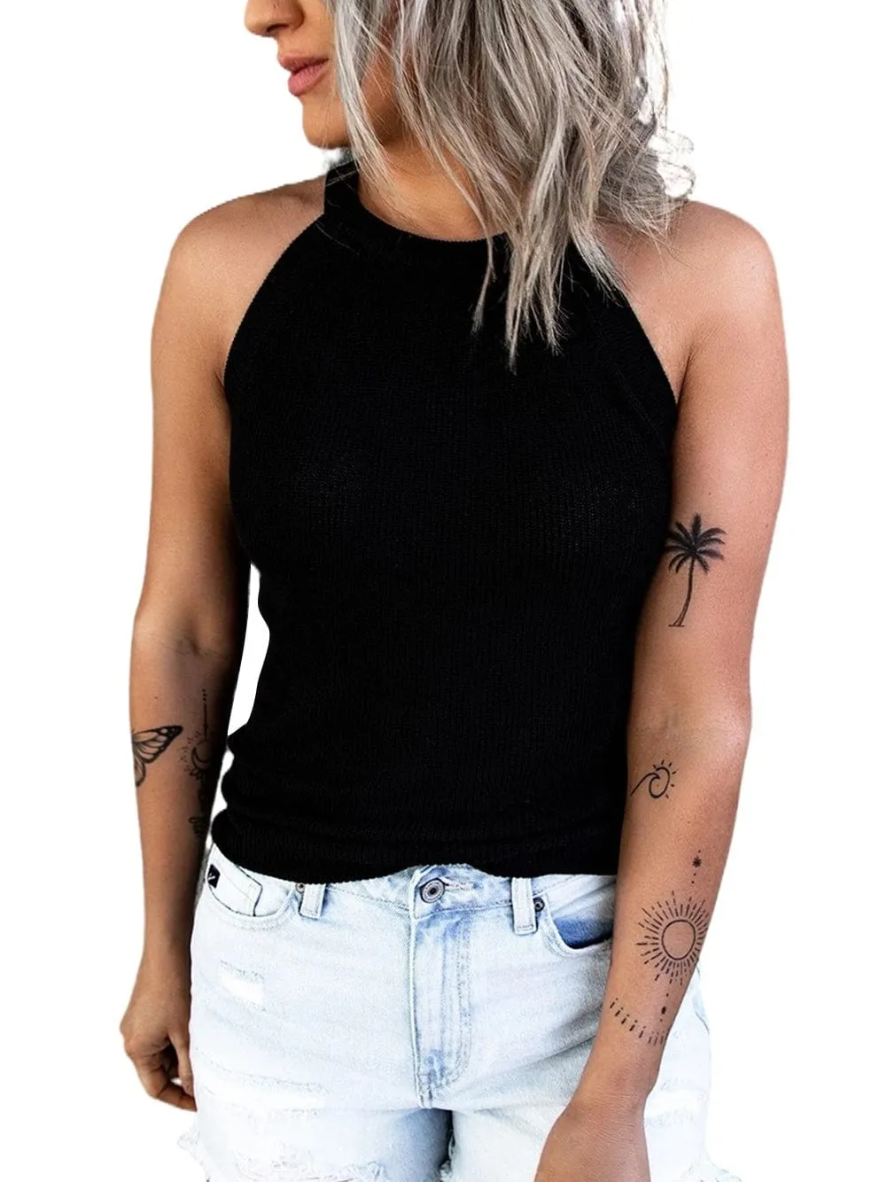 Black Sleeveless Crew Neck Tank Top for Women