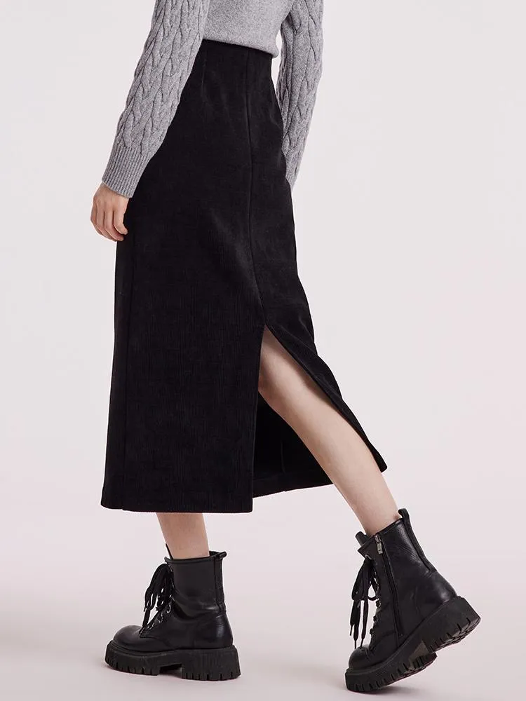 Black Straight Knitted Slit Women Skirt