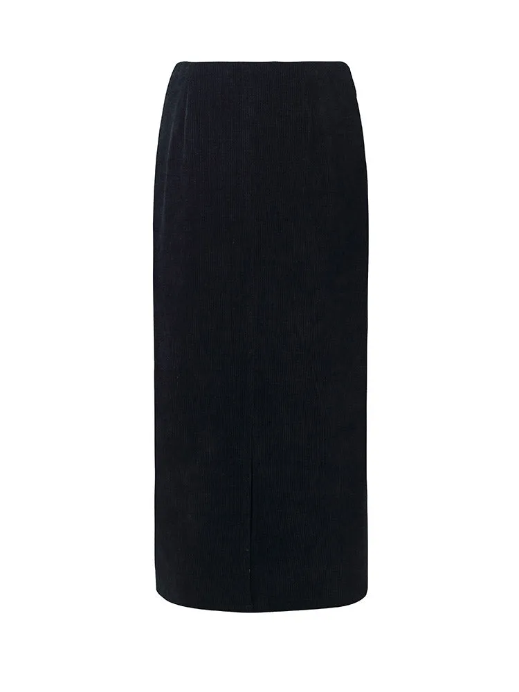 Black Straight Knitted Slit Women Skirt