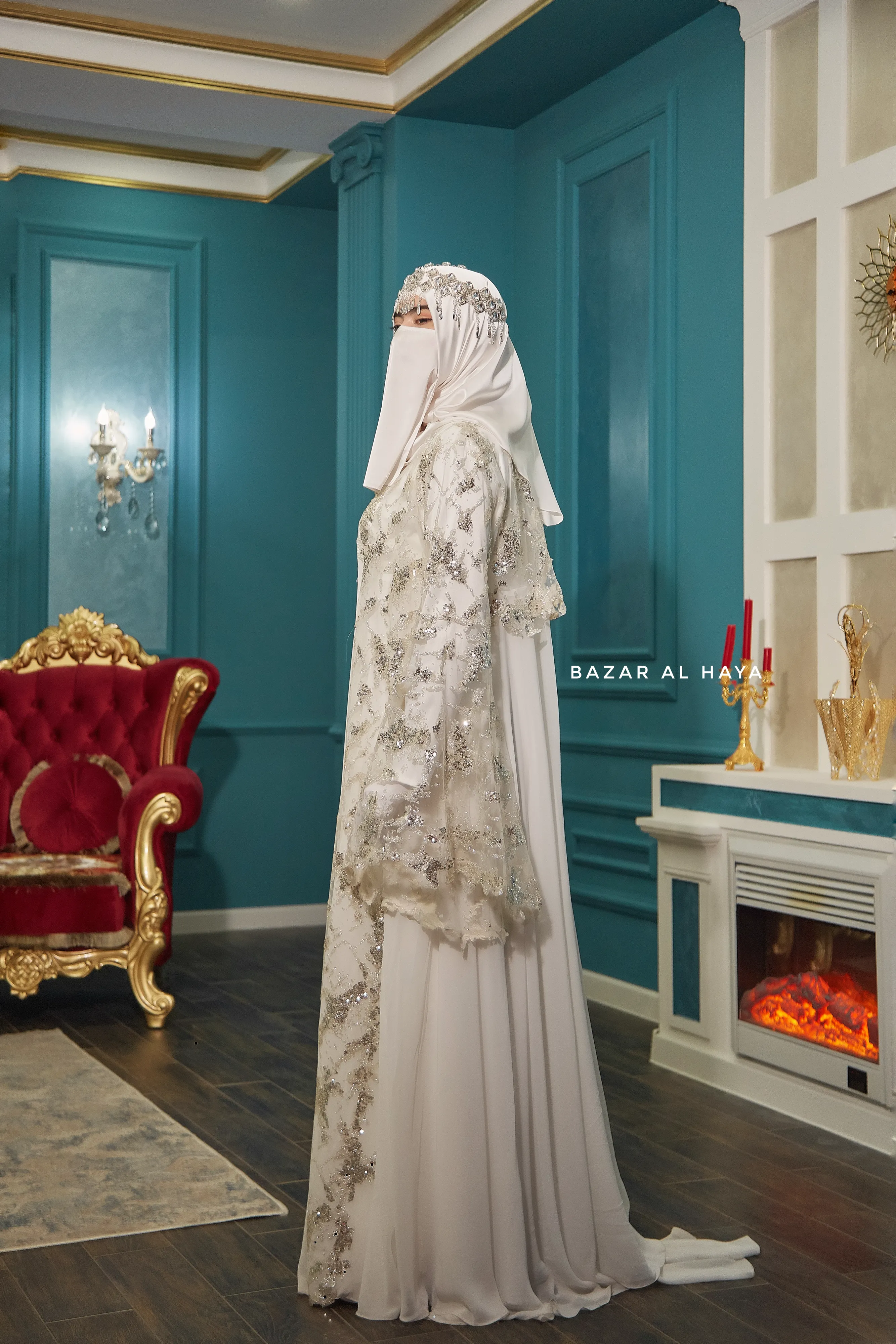 Bridal Gown Zahra Silk & Chiffon Abaya & Lace Cloak Set For Walima & Wedding & Nikkah