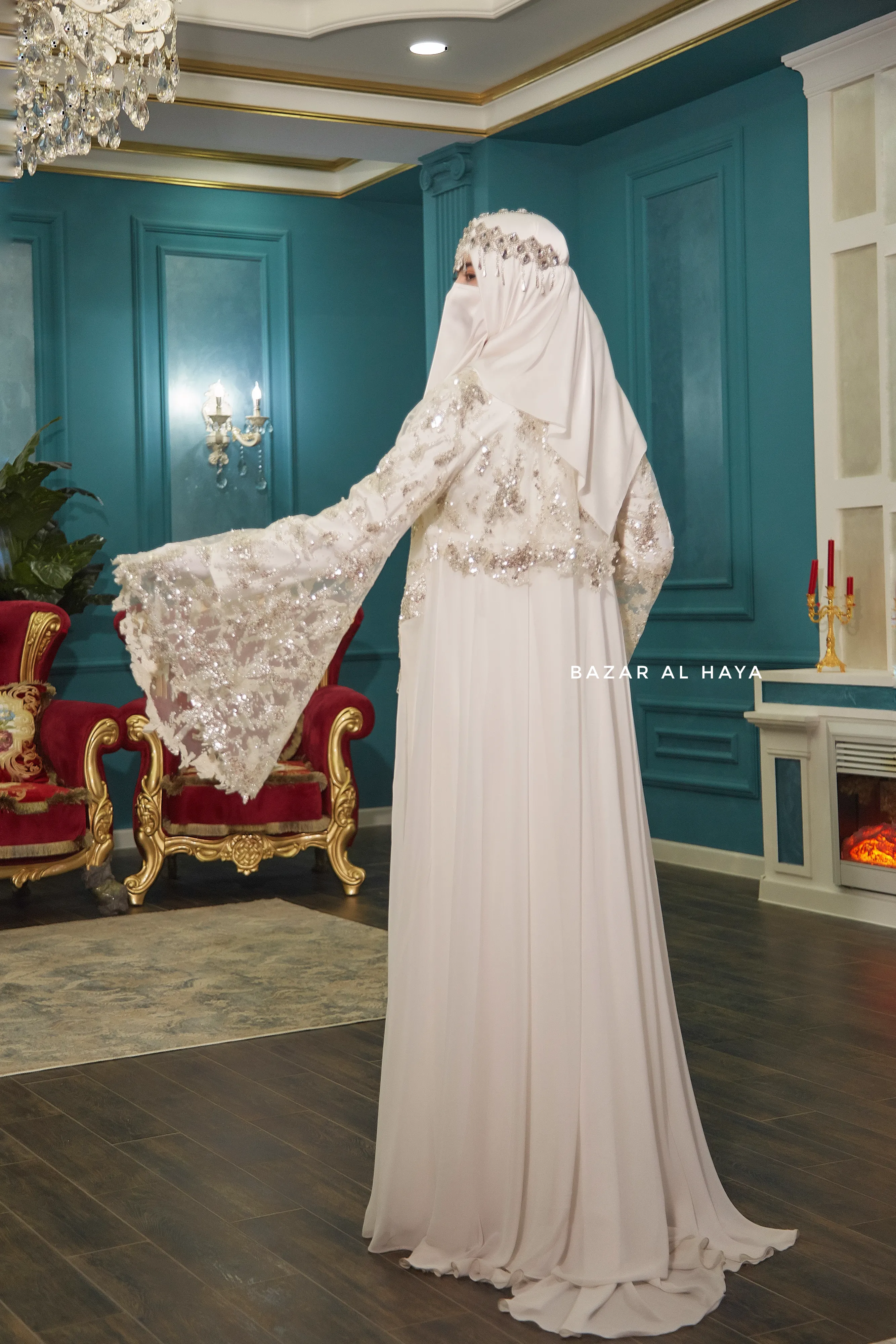 Bridal Gown Zahra Silk & Chiffon Abaya & Lace Cloak Set For Walima & Wedding & Nikkah