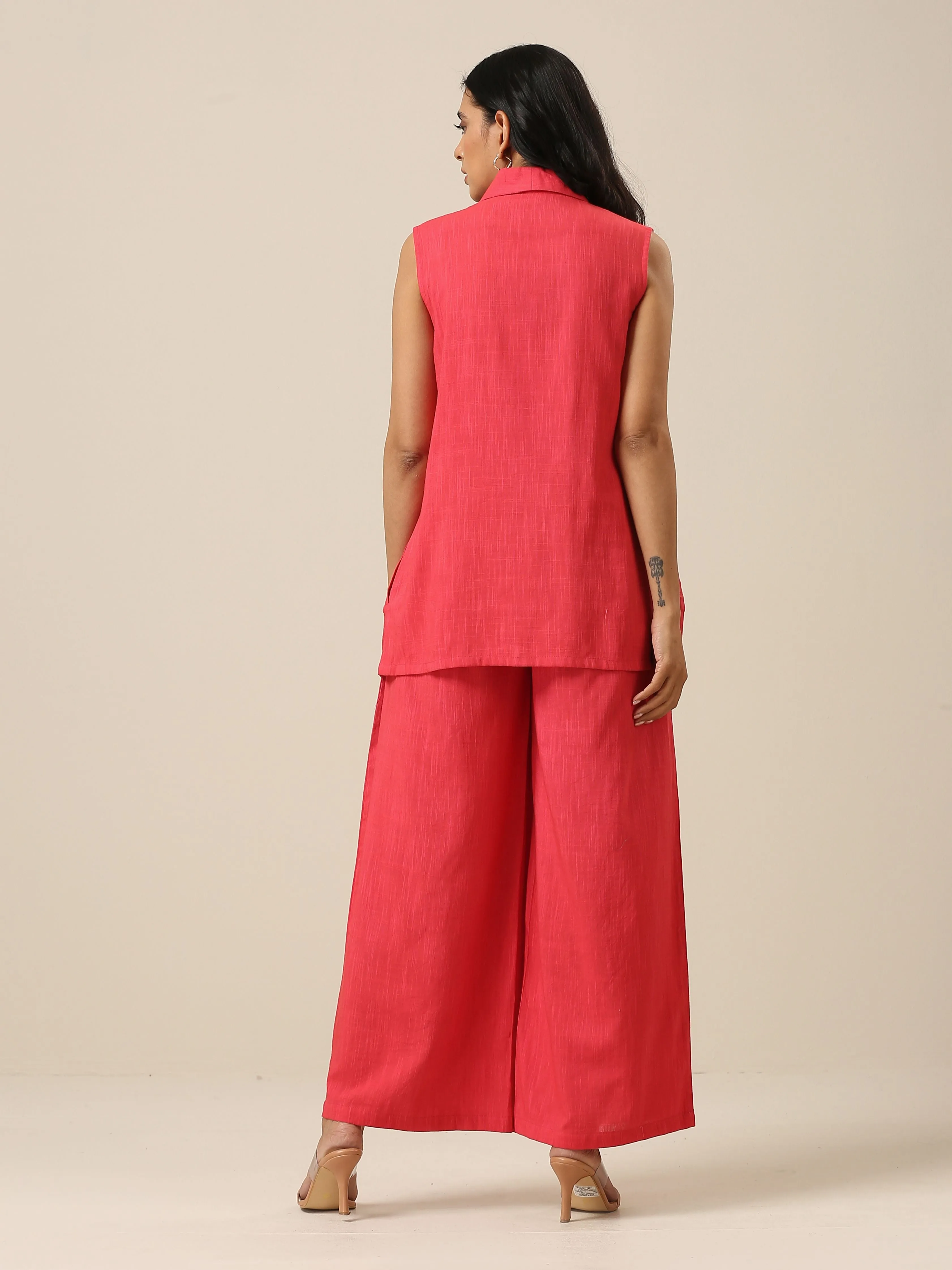 Bright Pink Slub Texture Sleevesless Jacket Pant Set