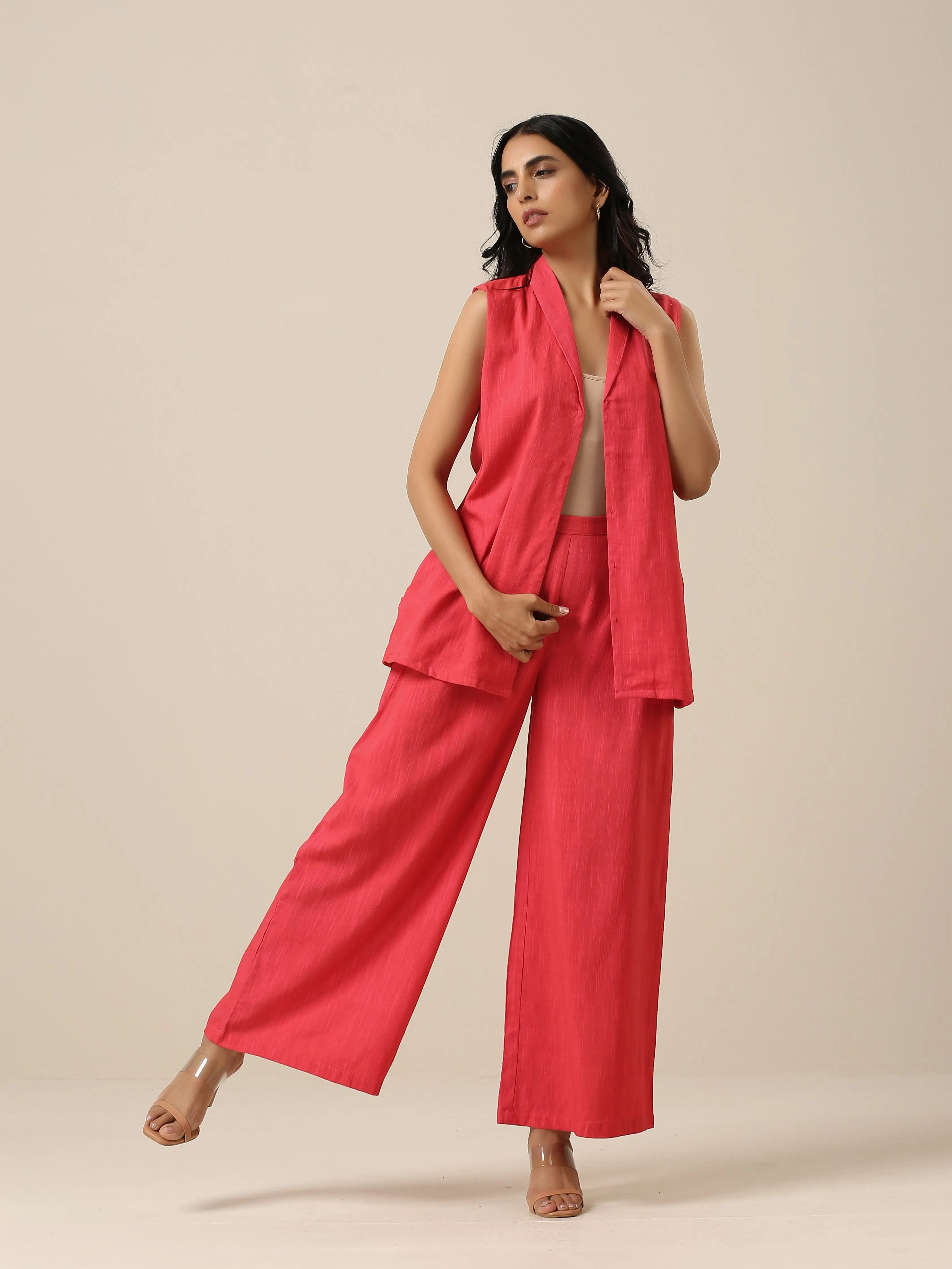 Bright Pink Slub Texture Sleevesless Jacket Pant Set