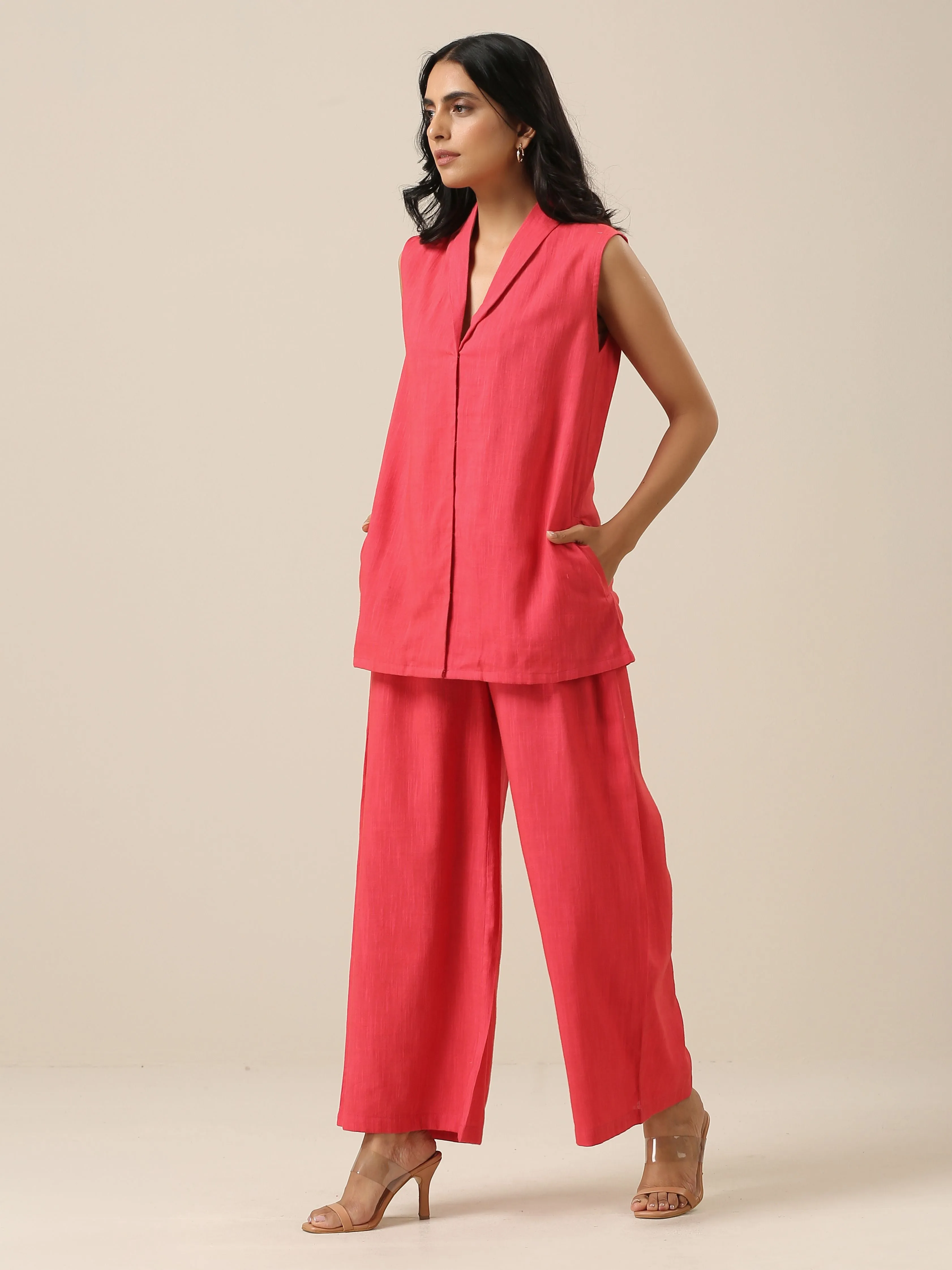 Bright Pink Slub Texture Sleevesless Jacket Pant Set