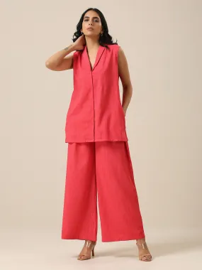 Bright Pink Slub Texture Sleevesless Jacket Pant Set