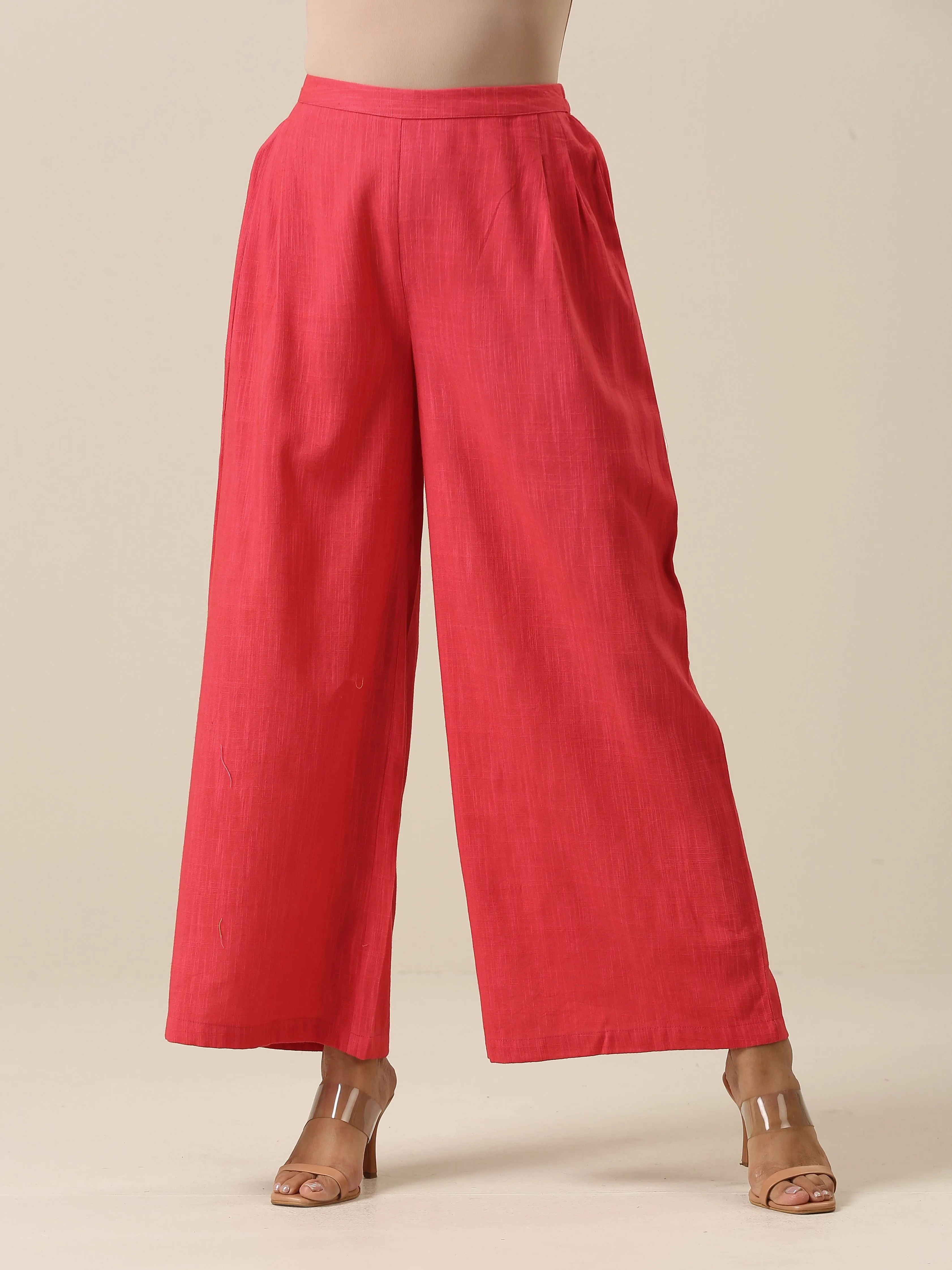 Bright Pink Slub Texture Sleevesless Jacket Pant Set