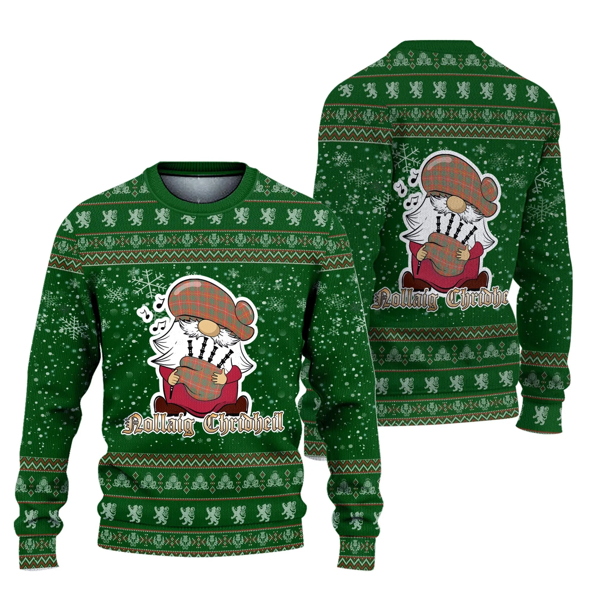 Bruce Ancient Clan Christmas Family Ugly Sweater with Funny Gnome Playing Bagpipes