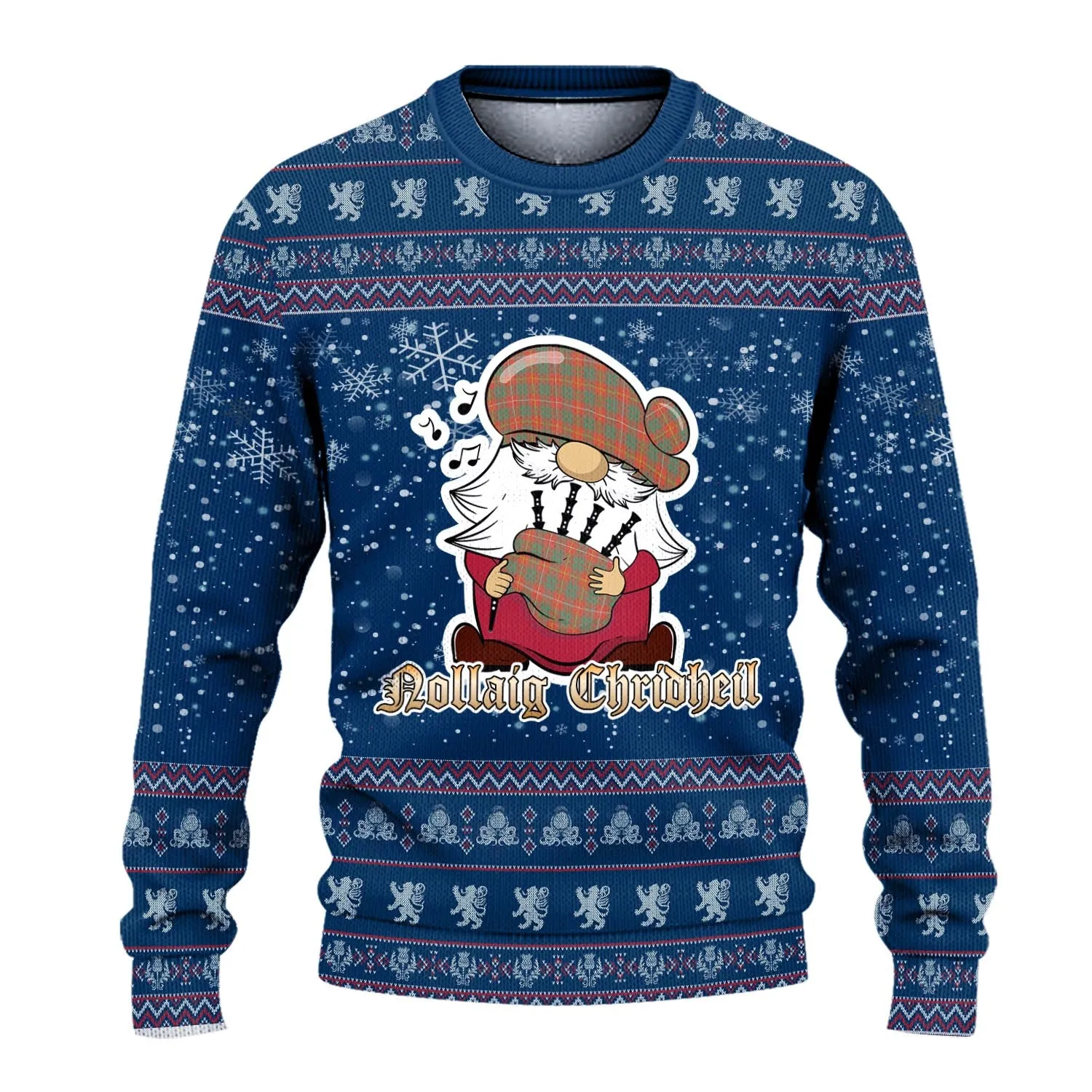 Bruce Ancient Clan Christmas Family Ugly Sweater with Funny Gnome Playing Bagpipes