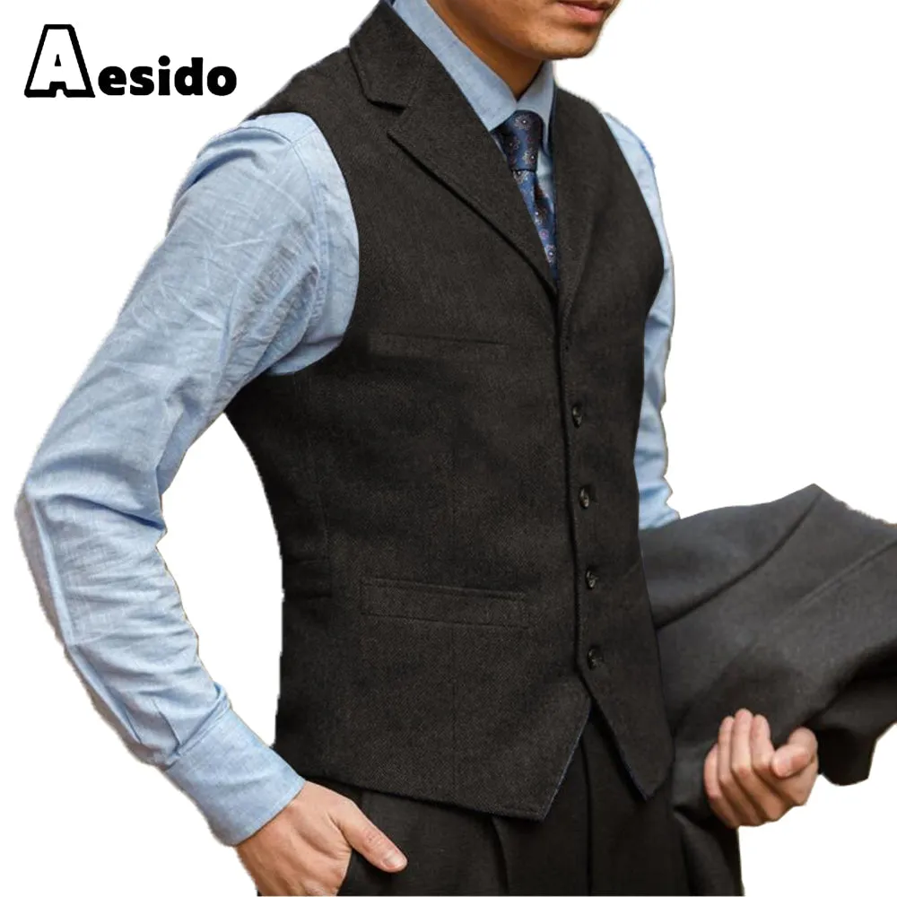 Business Men's Suit Vest Herringbone Notch Lapel Waistcoat