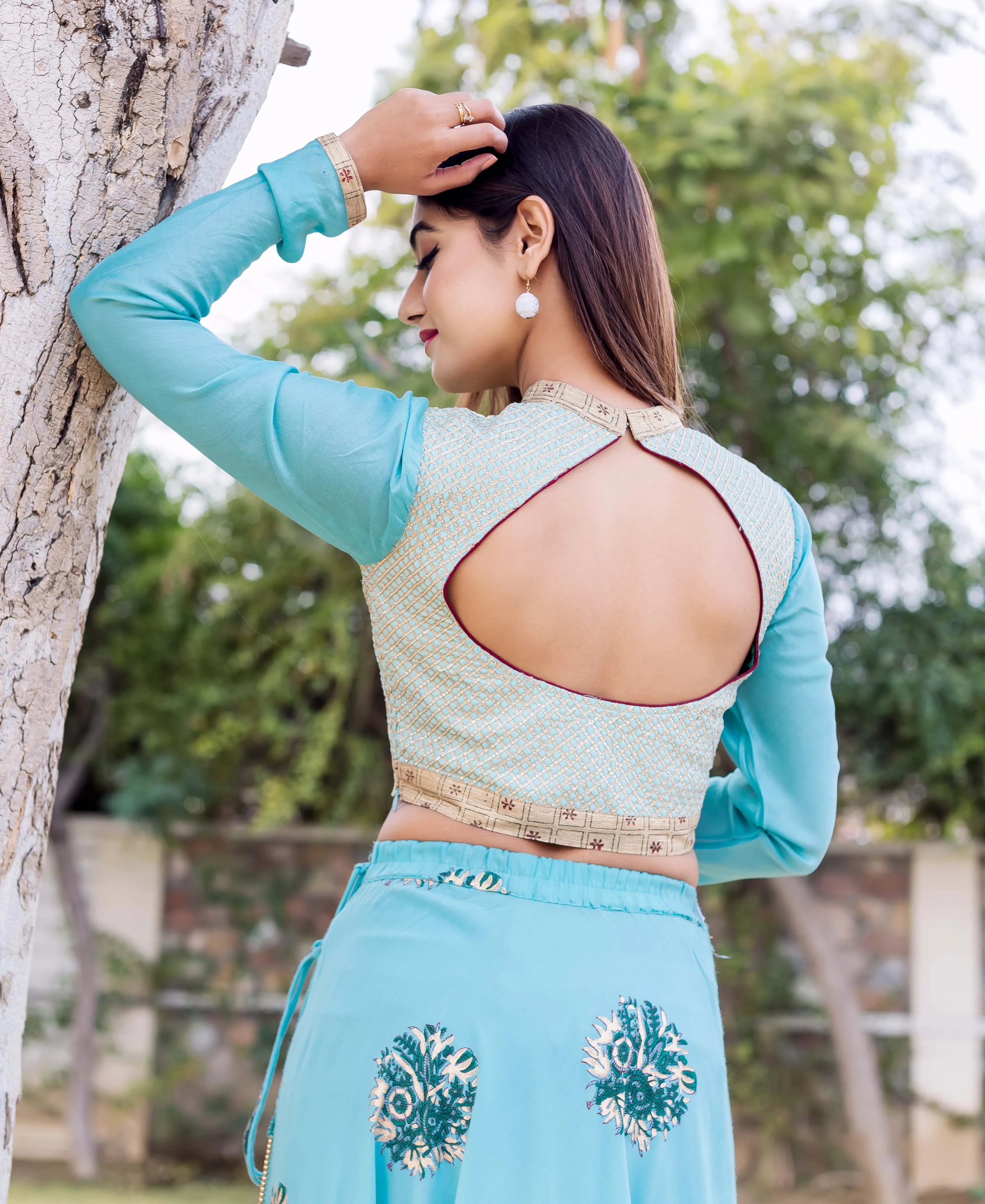 Cadet Blue Hand Block Printed and Embroidered Lehenga Set