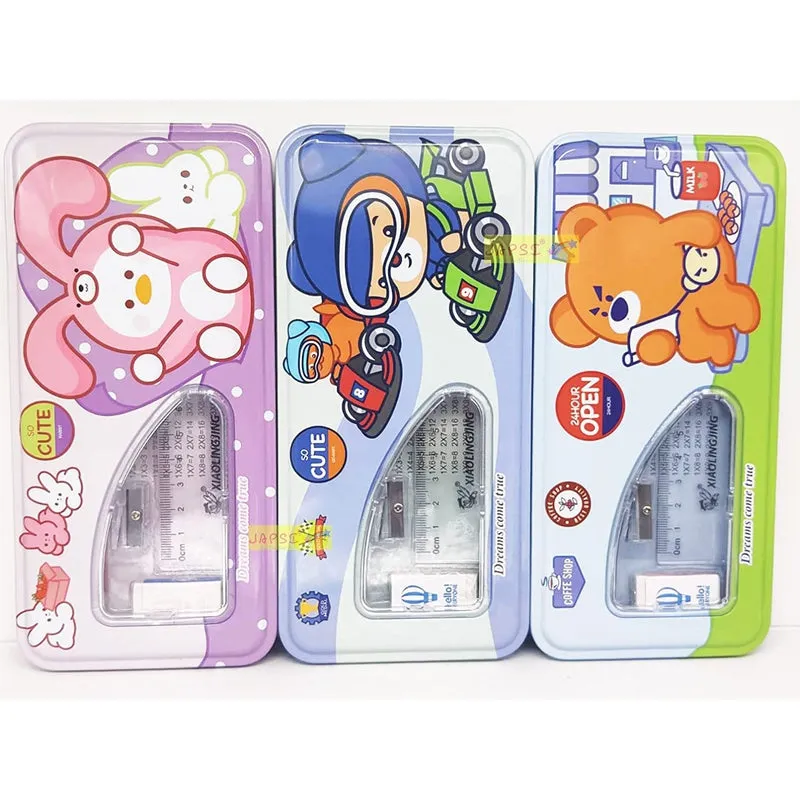 Cartoon Print Pencil Box Set, Two Compartments, Metal Box with 2 Pencils   1 Sharpener   1 Eraser   1 Ruler (PINK/BLUE)