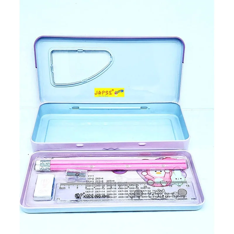 Cartoon Print Pencil Box Set, Two Compartments, Metal Box with 2 Pencils   1 Sharpener   1 Eraser   1 Ruler (PINK/BLUE)