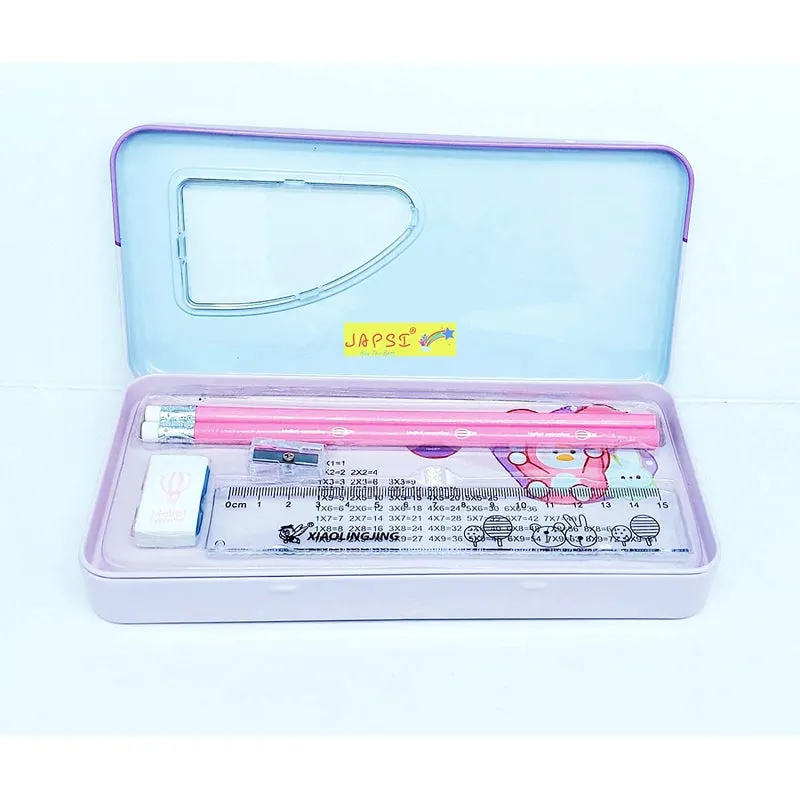 Cartoon Print Pencil Box Set, Two Compartments, Metal Box with 2 Pencils   1 Sharpener   1 Eraser   1 Ruler (PINK/BLUE)