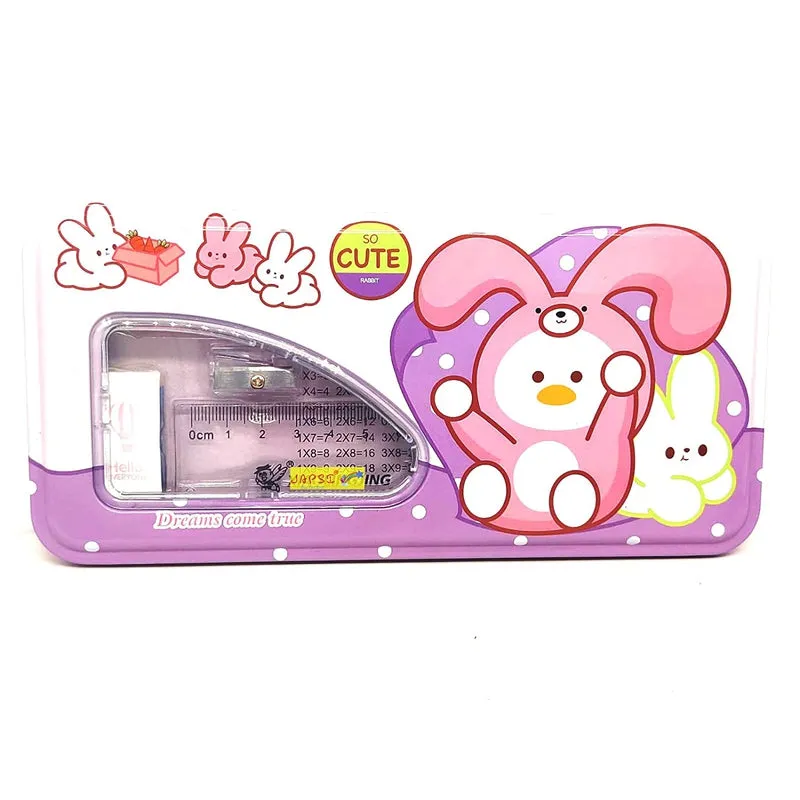 Cartoon Print Pencil Box Set, Two Compartments, Metal Box with 2 Pencils   1 Sharpener   1 Eraser   1 Ruler (PINK/BLUE)