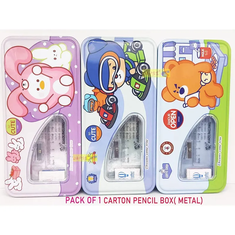 Cartoon Print Pencil Box Set, Two Compartments, Metal Box with 2 Pencils   1 Sharpener   1 Eraser   1 Ruler (PINK/BLUE)