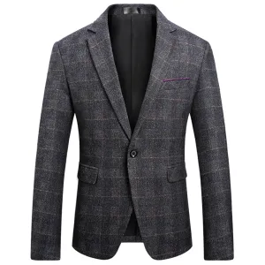 Casual Blazer Slim Fit Plaid Blazer Dark Grey