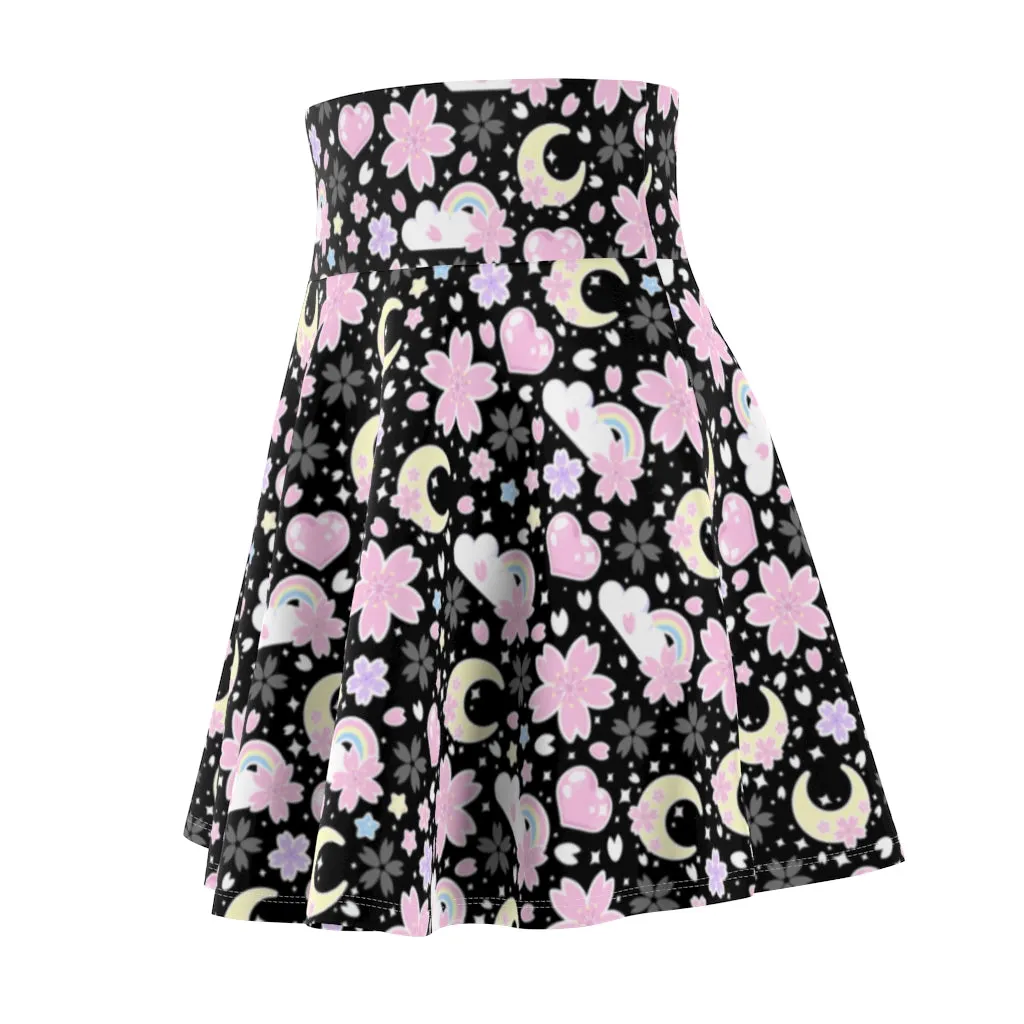 Cherry Blossom Dreams Black High Waist Skater Skirt