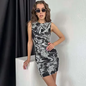 Chic Print Round Neck Sleeveless Bodycon Dress