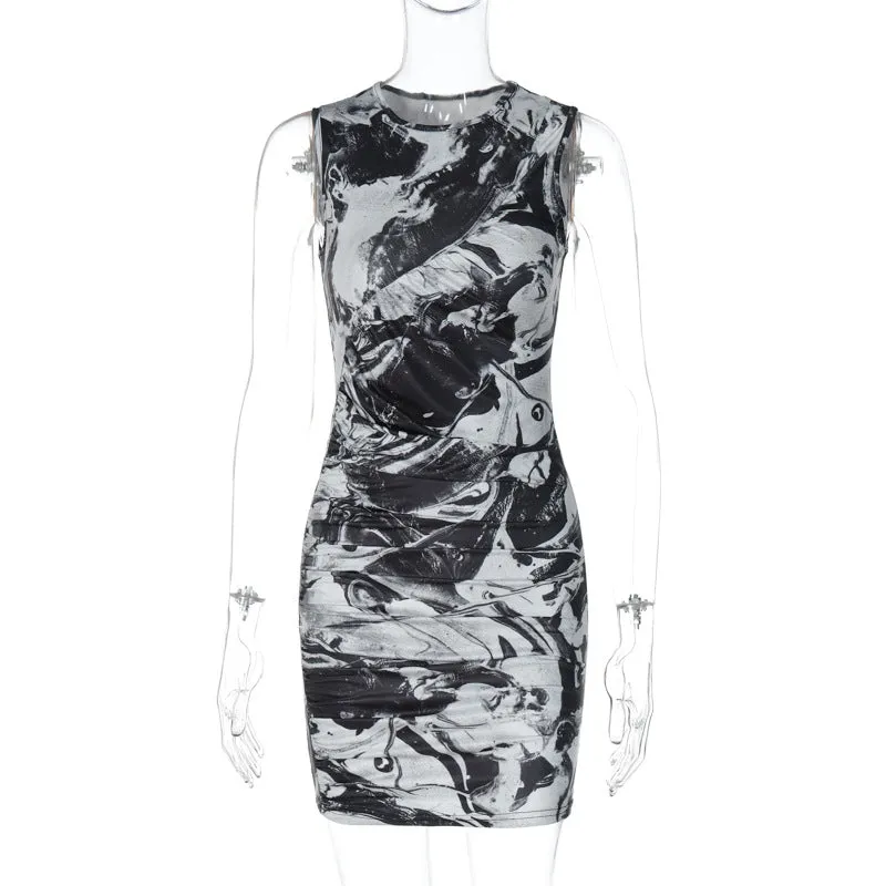 Chic Print Round Neck Sleeveless Bodycon Dress