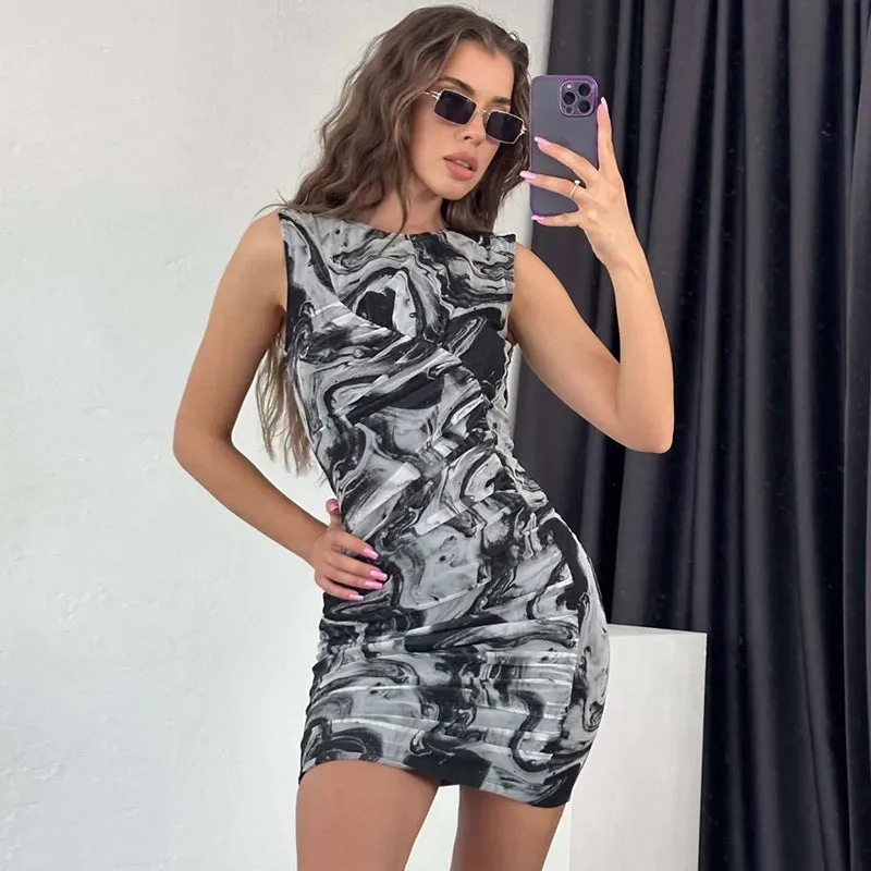 Chic Print Round Neck Sleeveless Bodycon Dress