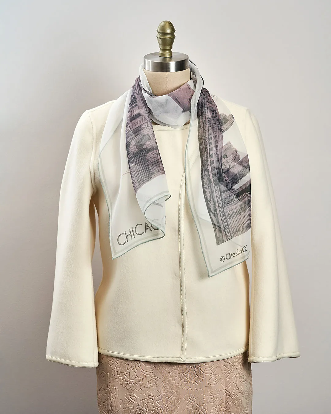 CHICAGO Skyline 100% Silk Georgette Oblong Scarf in Blush White