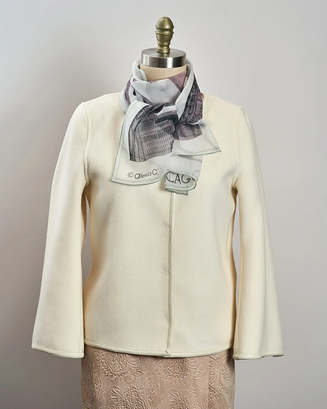 CHICAGO Skyline 100% Silk Georgette Oblong Scarf in Blush White