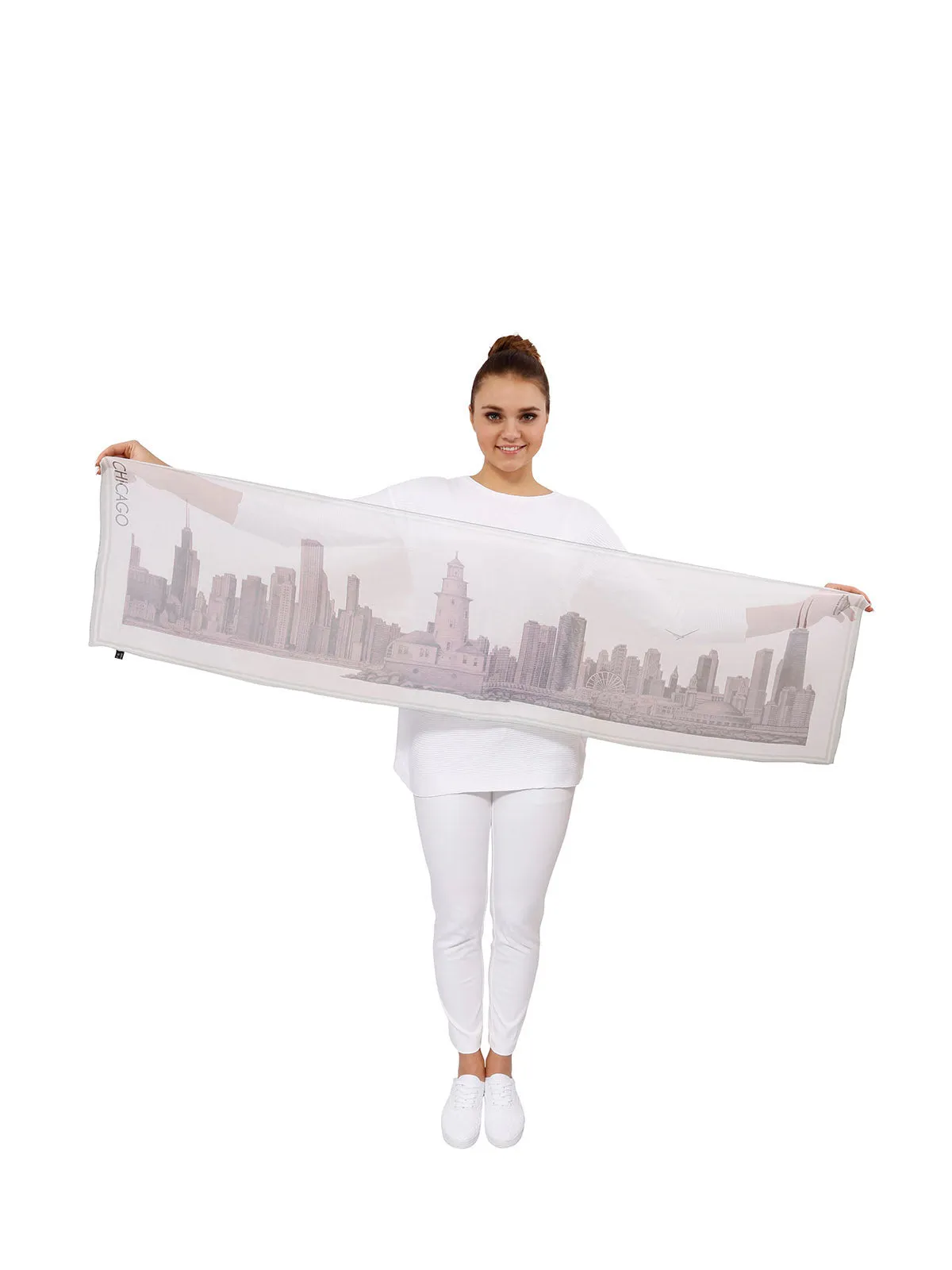 CHICAGO Skyline 100% Silk Georgette Oblong Scarf in Blush White