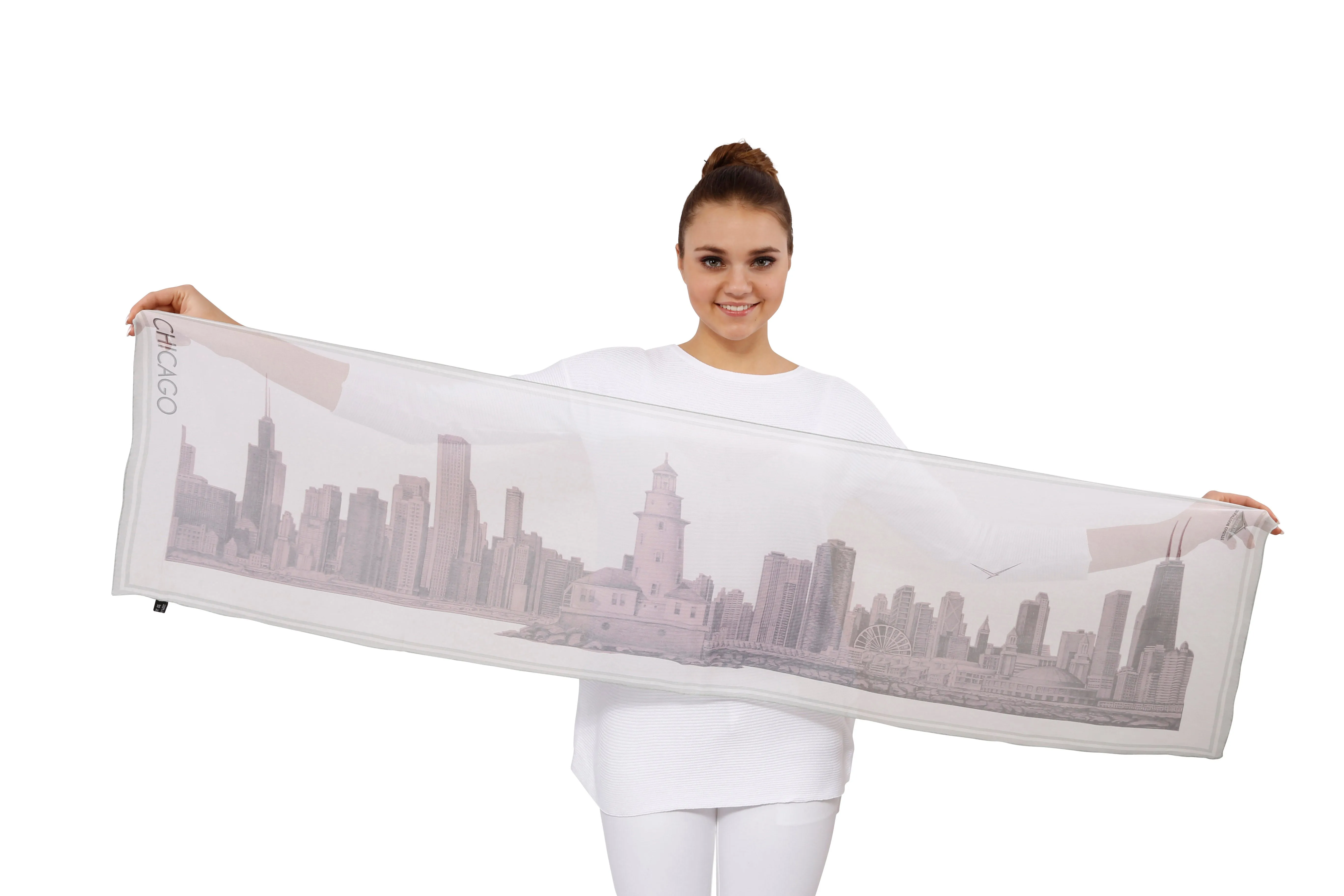 CHICAGO Skyline 100% Silk Georgette Oblong Scarf in Blush White