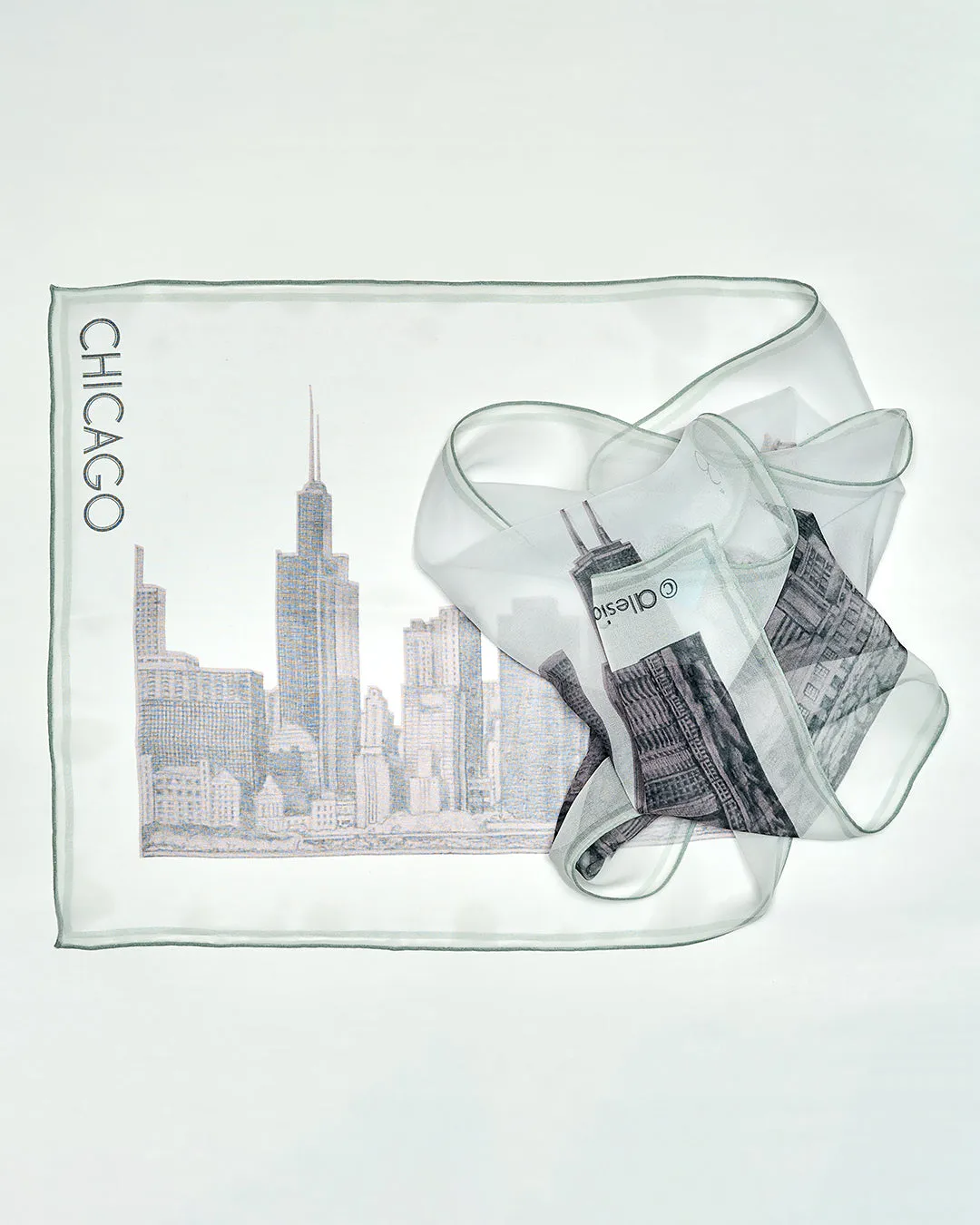 CHICAGO Skyline 100% Silk Georgette Oblong Scarf in Blush White