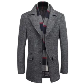 Classic Business Wool Pea Coat With Scarf