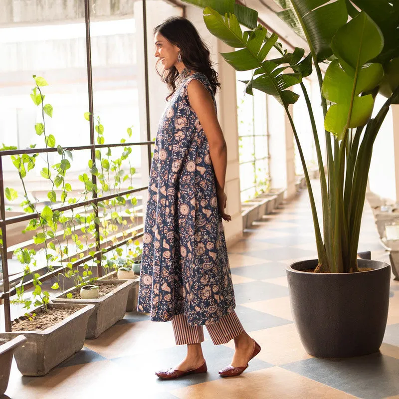 Cotton Block Print Kurta for Women | Blue | Front Pleated