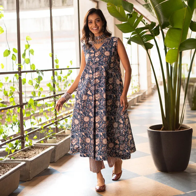 Cotton Block Print Kurta for Women | Blue | Front Pleated