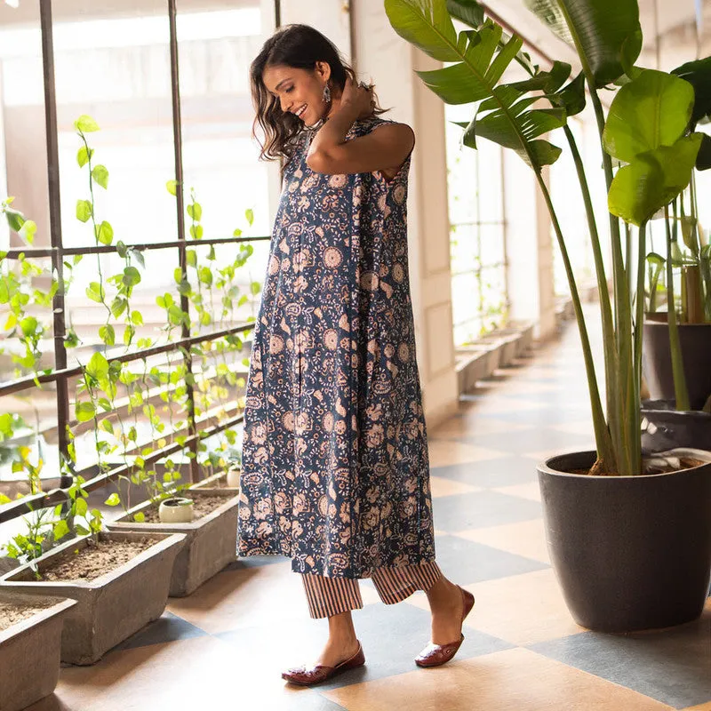 Cotton Block Print Kurta for Women | Blue | Front Pleated