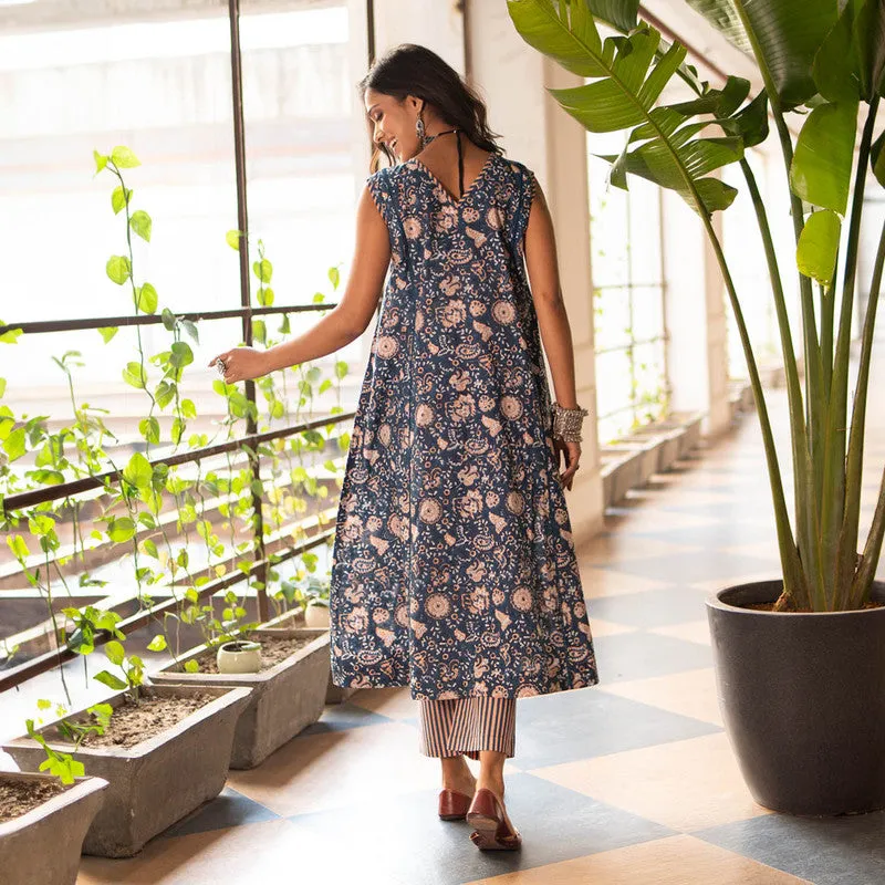 Cotton Block Print Kurta for Women | Blue | Front Pleated