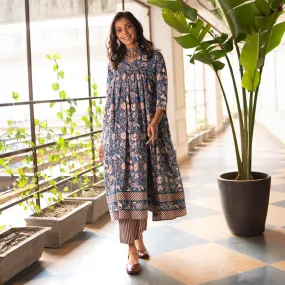 Cotton Blue Kurta for Women | Anarkali Kurta | Block Print