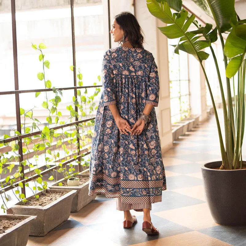 Cotton Blue Kurta for Women | Anarkali Kurta | Block Print