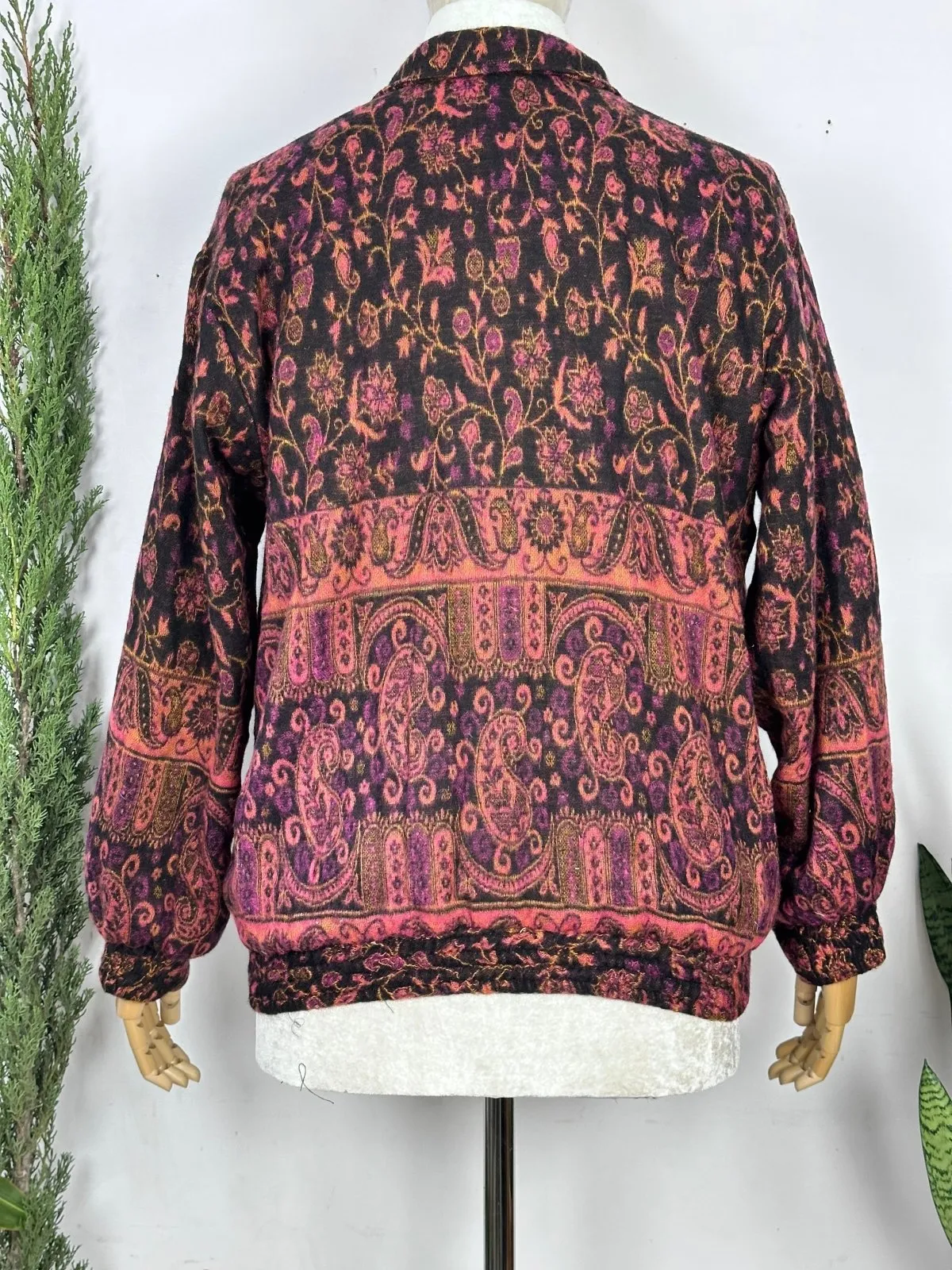 Cozy Yak Wool Blend Bomber Bolero Jacket | Warm Comfy Soft Winter Fashion Casual Party Wear | Boho Chic Paisley Floral Pink Hue Shade Jacket