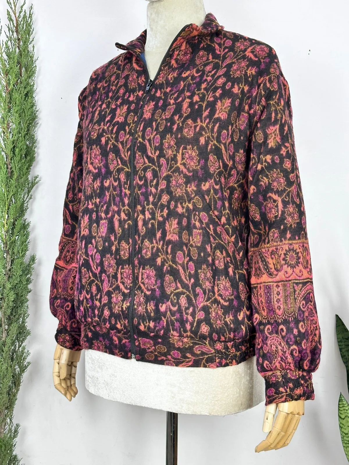 Cozy Yak Wool Blend Bomber Bolero Jacket | Warm Comfy Soft Winter Fashion Casual Party Wear | Boho Chic Paisley Floral Pink Hue Shade Jacket