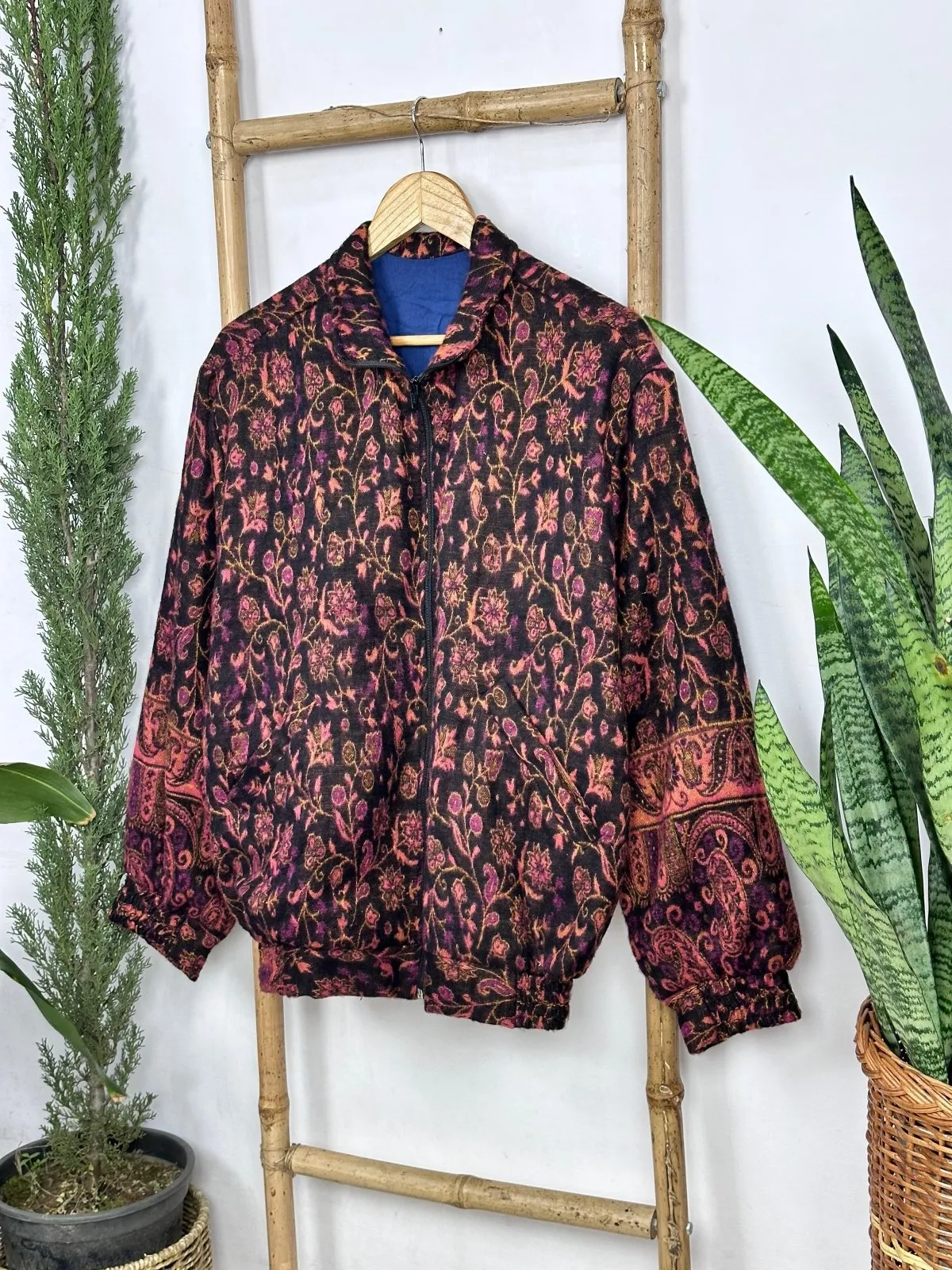 Cozy Yak Wool Blend Bomber Bolero Jacket | Warm Comfy Soft Winter Fashion Casual Party Wear | Boho Chic Paisley Floral Pink Hue Shade Jacket