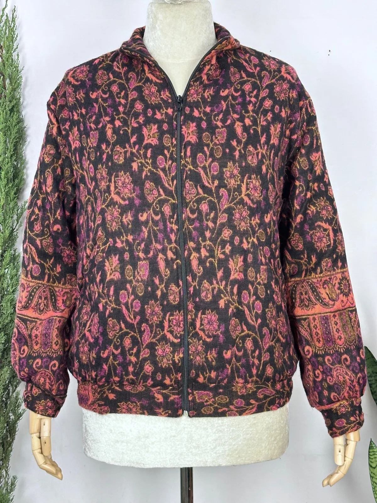 Cozy Yak Wool Blend Bomber Bolero Jacket | Warm Comfy Soft Winter Fashion Casual Party Wear | Boho Chic Paisley Floral Pink Hue Shade Jacket