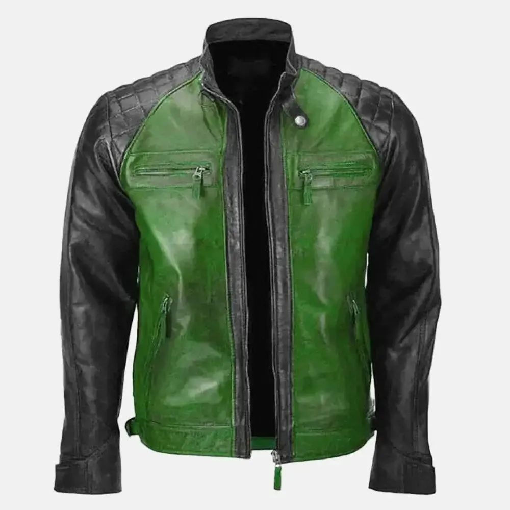 Dark Green Leather Biker Jacket | Men's Biker Jacket