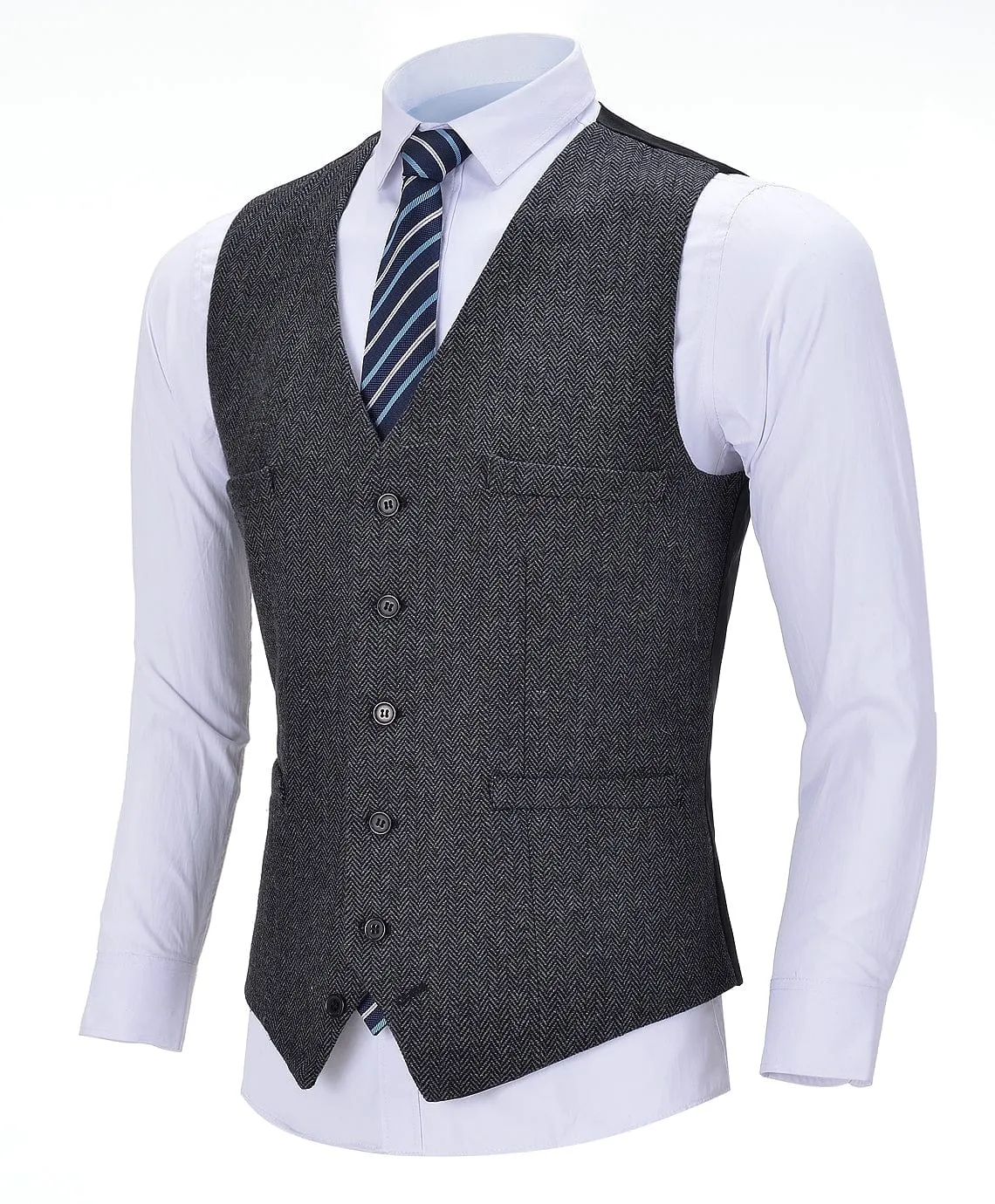 Dark Grey Herringbone V Neck Waistcoat