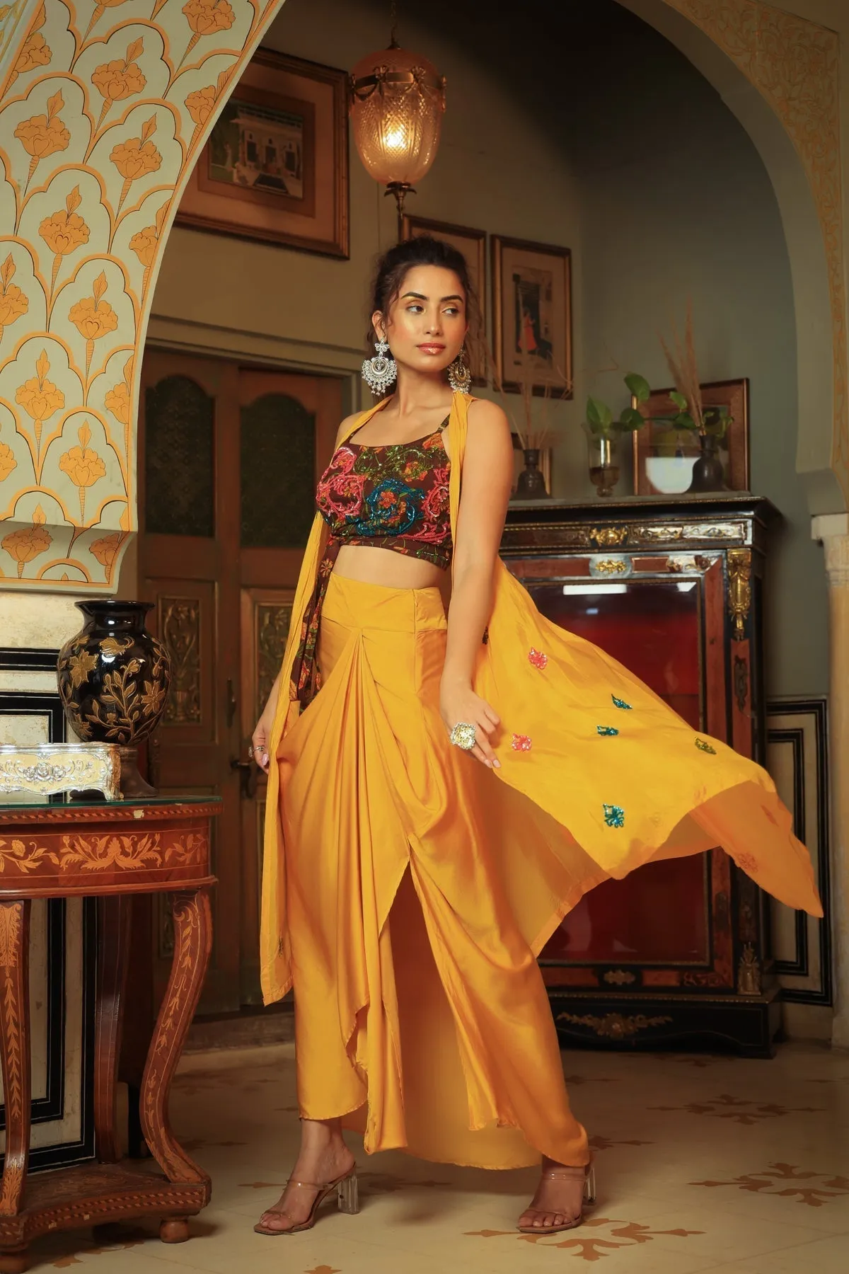 Dilruba coco brown yellow rangeen sitara tie up top with drape skirt cape set