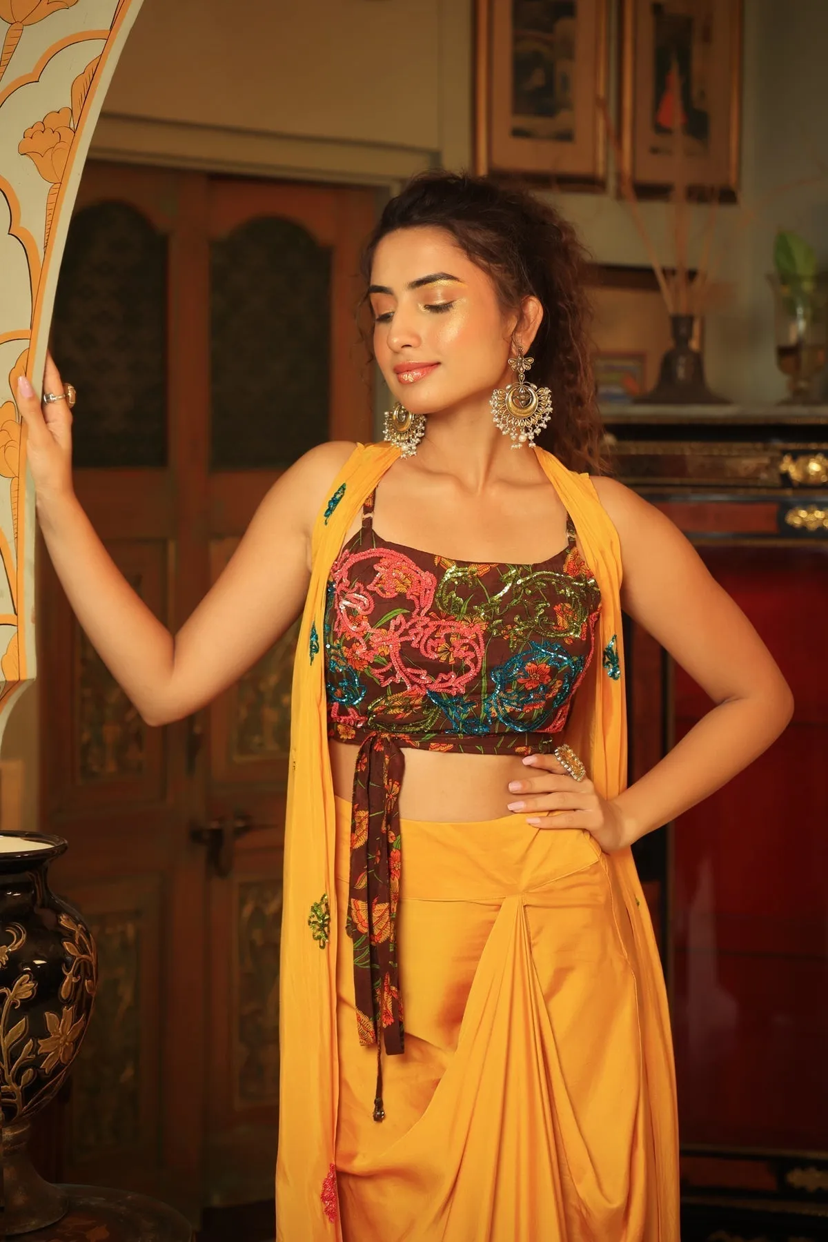 Dilruba coco brown yellow rangeen sitara tie up top with drape skirt cape set