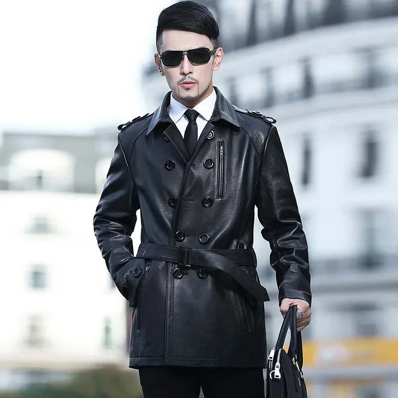 Double Breasted Black Leather Coat