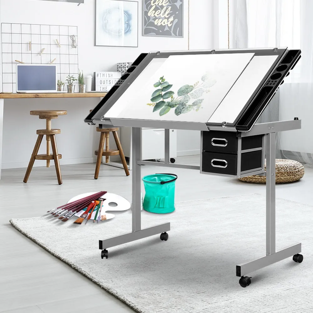 Drawing Desk Drafting Table Craft Adjustable Glass Art Tilt Drawers Grey