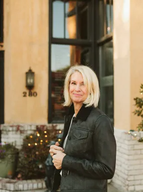 Ecru Black Leather Jean Jacket with Shearling