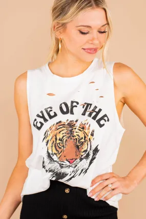 Eye Of The Tiger Ivory White Distressed Graphic Tank