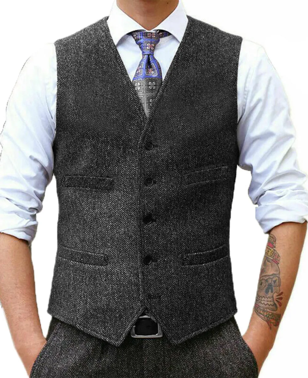 Fashion Men's Suit Vest Herringbone V Neck Waistcoat